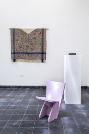 Marc Camille Chaimowicz, A Lampshade, Two Rugs and Child Chairs, a Magazine Rack, Some Vases and Ashtrays, and a Decorated Poncho