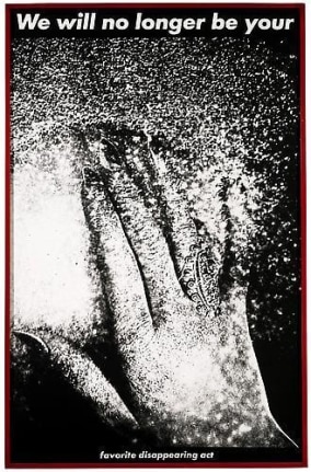 Barbara Kruger, Untitled (We Will No Longer Be Your Favorite Disappearing Act), 1984, unique photographic montage in red painted artist's frame