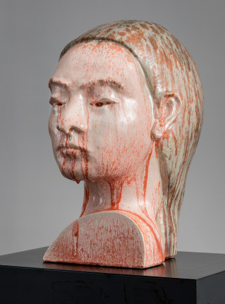 Frauenkopf 2019 glazed ceramic on artist's steel base