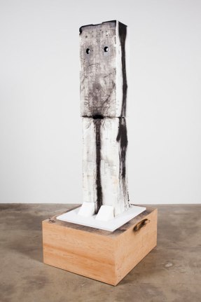 Ripley, 2011. Styrofoam, clay, wire, acrylic paint, wood, newsprint, China marker, 81 x 34.125 x 28 inches.