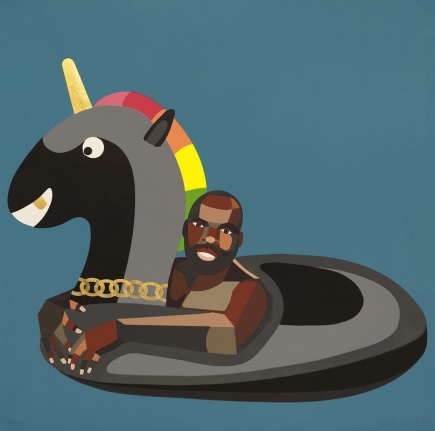 Derrick Adams.&nbsp;Self Portrait on Float,&nbsp;2019. Woodblock, goldleaf, collage, 40 x 40 inches, edition 33/50.&nbsp;