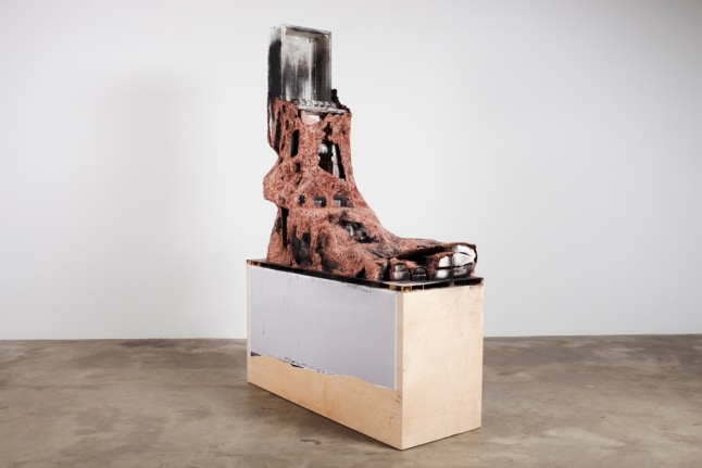 Jhukarjodaro, 2011. Clay, wire, wood, Styrofoam, black and white photograph, color photograph, paper, acrylic paint, leaves, feather, 94.25 x 23.125 x 84.125 inches.