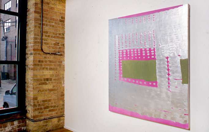 Installation view at Rhona Hoffman Gallery, Judy Ledgerwood, Basement Love, 2000