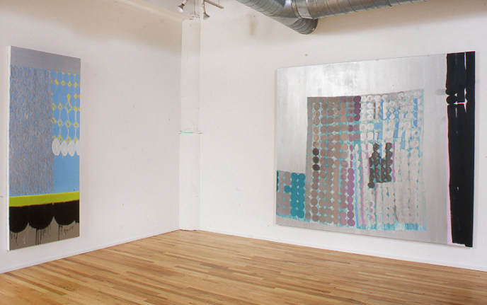 Installation view at Rhona Hoffman Gallery, Judy Ledgerwood, Basement Love, 2000