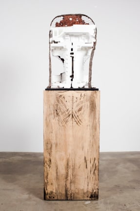 Twins, 2011. Clay, wire, styrofoam, paper, ink acrylic paint, cast iron, metal chain, medallion, 82.5 x 24 x 18 inches.