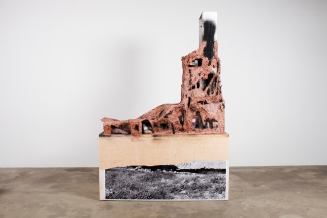 Jhukarjodaro, 2011. Clay, wire, wood, Styrofoam, black and white photograph, color photograph, paper, acrylic paint, leaves, feather, 94.25 x 23.125 x 84.125 inches.