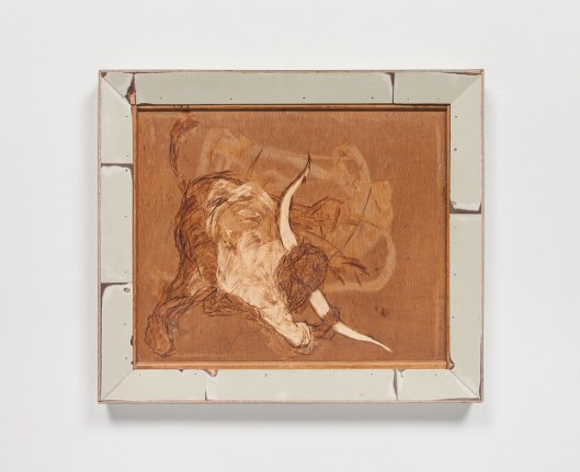 Tauroctony, 2016.&nbsp;Angel-grinder drawing on wood panel, salvaged furniture from closed Chicago public schools, 23 x 26.5 inches.