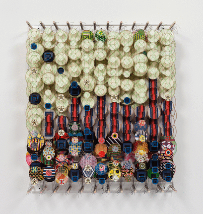 Jacob Hashimoto/The Accidental Geometry of Optics/2015/Wood, acrylic, bamboo, paper, and Dacron