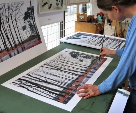 Artist Ylva Ceder working on Serpentine Drive in her studio.