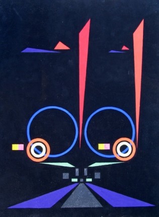 Image of Ed Garman abstract sold watercolor entitled &quot;Invention&quot; of circles, triangle, and rectangles.