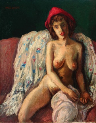 Image of Moses Soyer oil painting titled &quot;The Red Hat showing a nude female, sitting on a couch with a robe or blanket behind her, wearing a red hat.