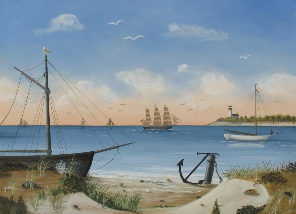 Image of sold Martha Cahoon oil painting of a Quiet Bay with Boats and Lighthouse in Distance.