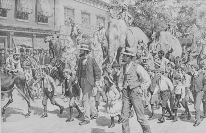 Image of Arthur B. Frost's sold painting entitled &quot;The Circus is in Town&quot; showing a crowd of people walking down a street with elephants, zebras, camels and clowns coming behind them.