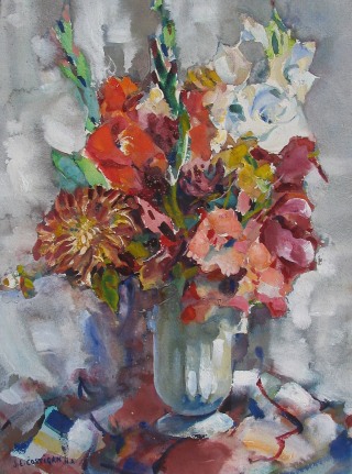 Image of &quot;Flower Arrangement&quot; watercolor painting by artist John Costigan showing red, white and pink gladiolus and other flowers in a white vase, depicted in an impressionist manner.