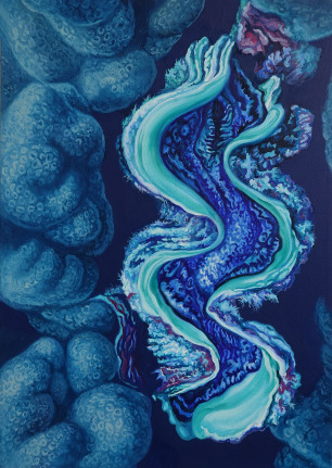 Image of Nikolina Kovalenko's painting entitled "Flying Over the Clam's Nest" showing a giant clam in a coral bed.