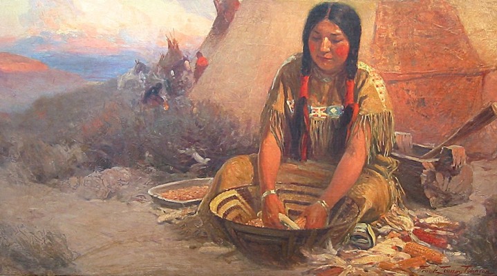 Image of a sold oil painting by Frank Tenney Johnson of a Native American young girl sitting crosslegged in front of a teepee and preparing corn in a bowl.