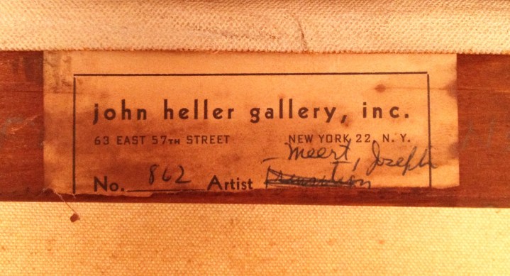 Label verso on &quot;Transition&quot; abstract oil painting by Joseph Meert.