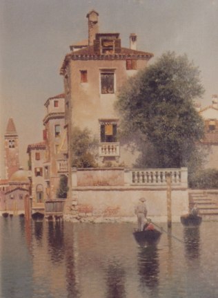 Image of a sold oil painting of a Venetian Canal with a gondola being rowed toward a building by Henry Pember Smith.