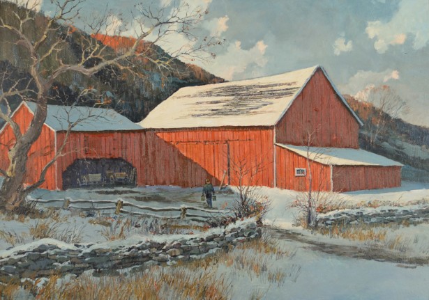 Image of sold Eric Sloane oil painting showing a red barn in winter with a person walking toward it carrying two buckets.
