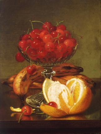 Image of sold still life oil painting of cherries, orange and bananas by Robert Spear Dunning.