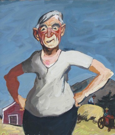 Image of sold gouache painting by Gregorio Prestopino Of a farmer with his arms on his hips in the foreground and more farmers with a hay wagon pulled by a tractor in the background.