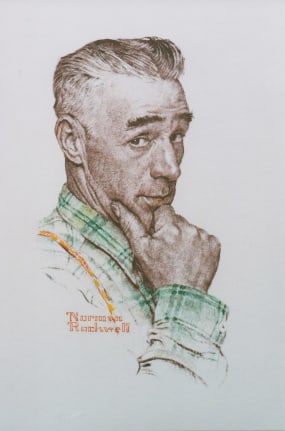 Image of sold tempera painting entitled &quot;Portrait of a Man&quot; by Norman Rockwell showing a man in a green plaid shirt looking at the viewer while holding his chin in his hand.
