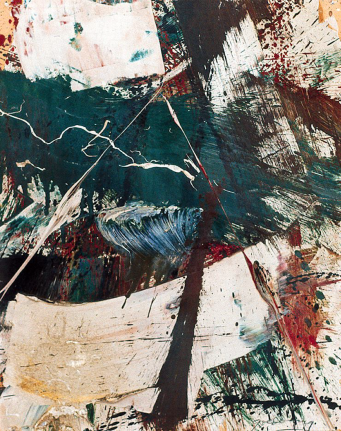 Image of sold untitled abstract 1960 painting by Michael Goldberg with blues, whites, blacks and red.