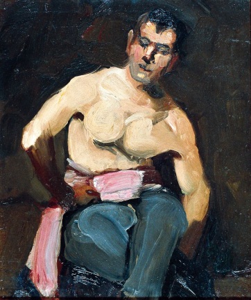 Image of George Luks sold oil painting of a seated Boxer wearing blue pants and no shirt.
