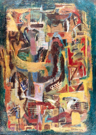 Image of sold abstract oil painting entitled &quot;Indian Fantasy&quot; by Ary Stillman in multiple colors.