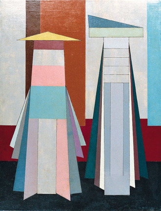 Image of Attilio Salemme's sold 1951 painting &quot;The Wedding&quot; showing two geometric abstract figures side by side.