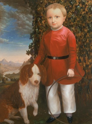 Image of sold oil painting showing a boy in a red top with white pants and carrying a wooden hoop, next to a dog by artist Joseph Whiting Stock.