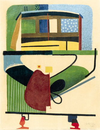 Image of sold painting by Art Brenner entitled &quot;Vertical Ship&quot; showing part of a boat and tiller.