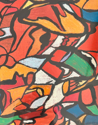 Closeup iImage of untitled abstraction (004) by Fred Martin in reds and other colors.