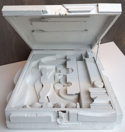 Image of sold wood assemblage in a box and painted white by Louise Nevelson entitled &quot;Floating Cloud, Crypic VII&quot;.