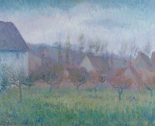 Image of Theodore Butler's oil painting entitled &quot;Farm Orchard in Winter, Giverny&quot; depicting a impressionistic view of an orchard with buildings in the background.
