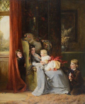 Image of oil painting titled "Hide and Seek" by George Bernard O'Neill. showing a mother and toddler sitting in a high backed chair with two other children playing in the room.