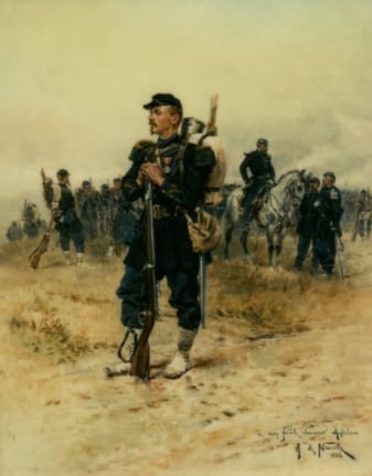 Image of sold oil painting depicting foot and cavalry French soldier by Alphonse De Neuville.
