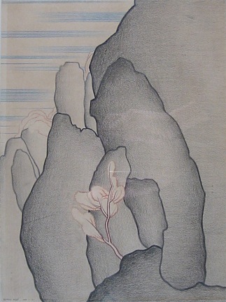 Image of a sold work on paper  featuring canyon rocks and a single tree by artist Olinka Hrdy.