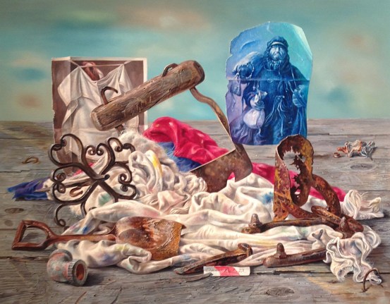 Image of a trompe l'oeil oil painting by Aaron Bohrod titled Rags and Old Iron showing a still life made out of fabric scraps, rusted tools and old photographs.