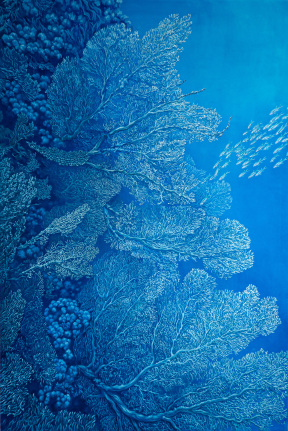 Image of Nikolina Kovalenko's oil painting entitled "Reminiscence" of fan and other types of coral with a school of small fish swimming up to it.