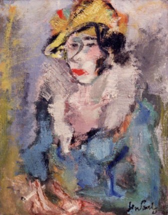Image of sold oil painting of woman with yellow hat holding a cigarette by Gen Paul.