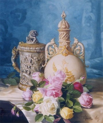 Image of a Edward Chalmers Leavitt's 1889 sold painting of a still life with roses and two ornate jugs.