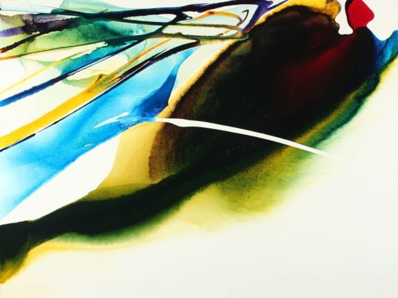 Image of Paul Jenkins' abstract painting entitled "Phenomena Point to Cross By" with dark to light colors moving diagonally across the canvas.