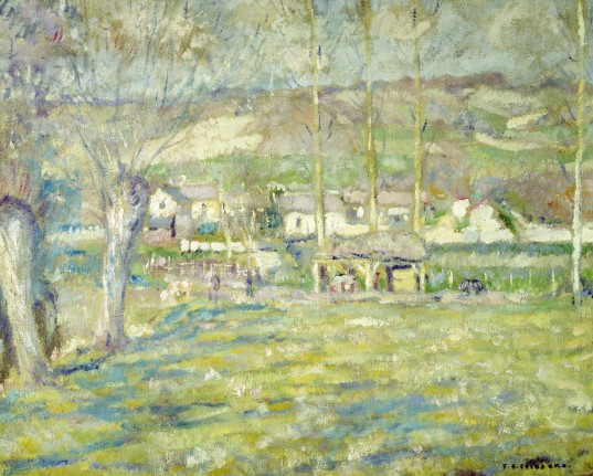 Image of sold oil painting by Frederick Frieseke, depicting a French landscape showing a field with trees, and buildings in the background.