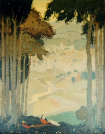 Image of landscape with a walled city in the far distance and two colorful birds sitting on the ground in the foreground of Jessie Arms Botke's sold oil painting &quot;Imaginary Landscape&quot;.