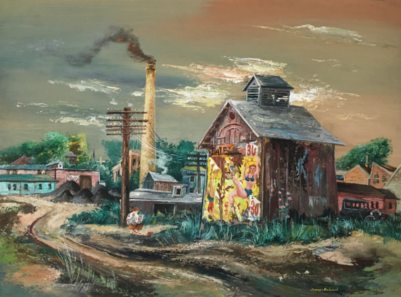 Image of sold Aaron Bohrod landscape painting titled "Artist Sketching" showing an old barn with billboards on it and a seated figure drawing.