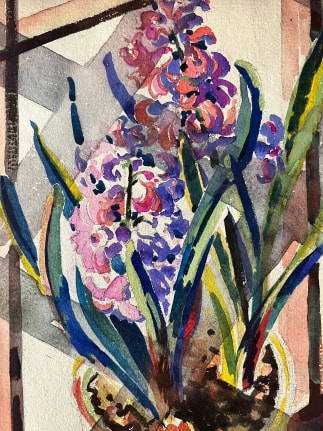 Image of closeup detail of Jessie Bone Charman's watercolor of a potted hyacinth plant.