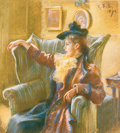 Image of sold pastel entitled &quot;The Black Cuchrade&quot; by Rosina Emmet Sherwood showing a woman in a coat and fancy hat sitting in an upholstered high back chair.