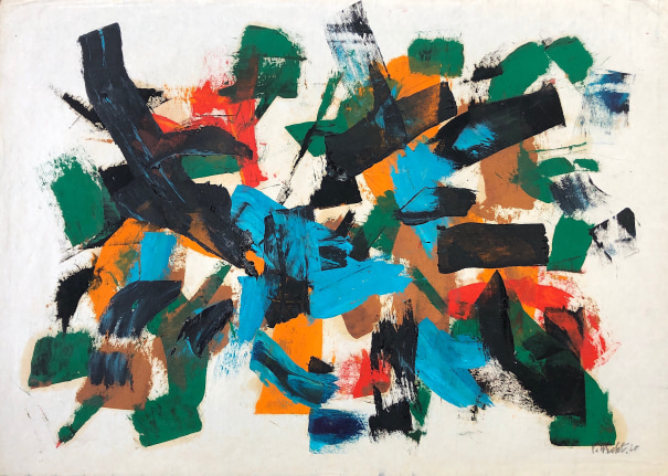 Image of abstract untitled (101) mixed media artwork by John Von Wicht in aqua, green, orange, black, red and brown.