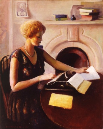 Image of sold oil painting showing a woman in a floral dress seated in front of  a Typewriter by Guy Pene du Bois.